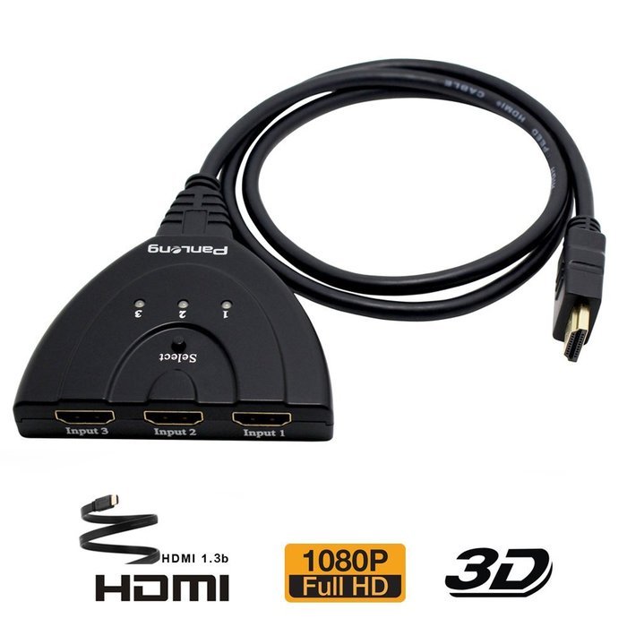 Panlong 3 Port HDMI Switch 3x1 Auto Switch with Fixed 3FT Pigtail Cable Supports 3D, 1080P, HD Audio N3