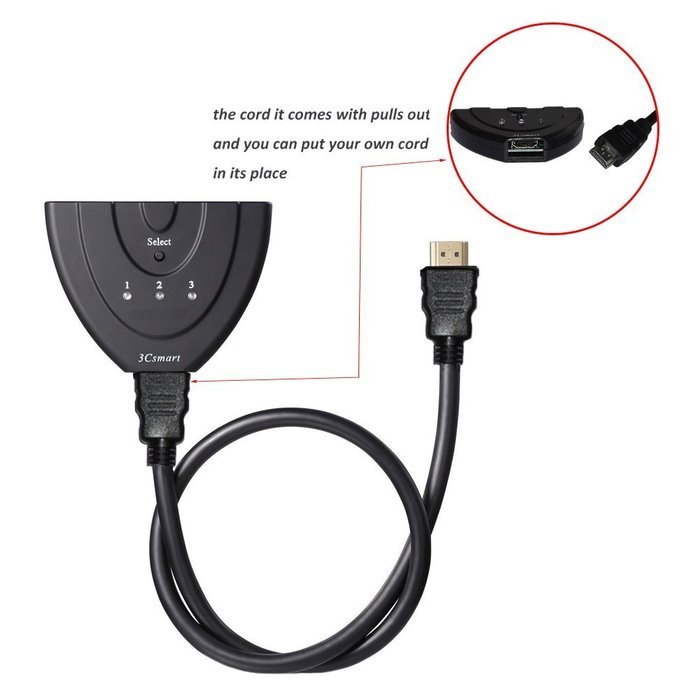 3Csmart 3 Port HDMI Switch with Pigtail Cable Supports 3D, 1080P, HD Audio N2