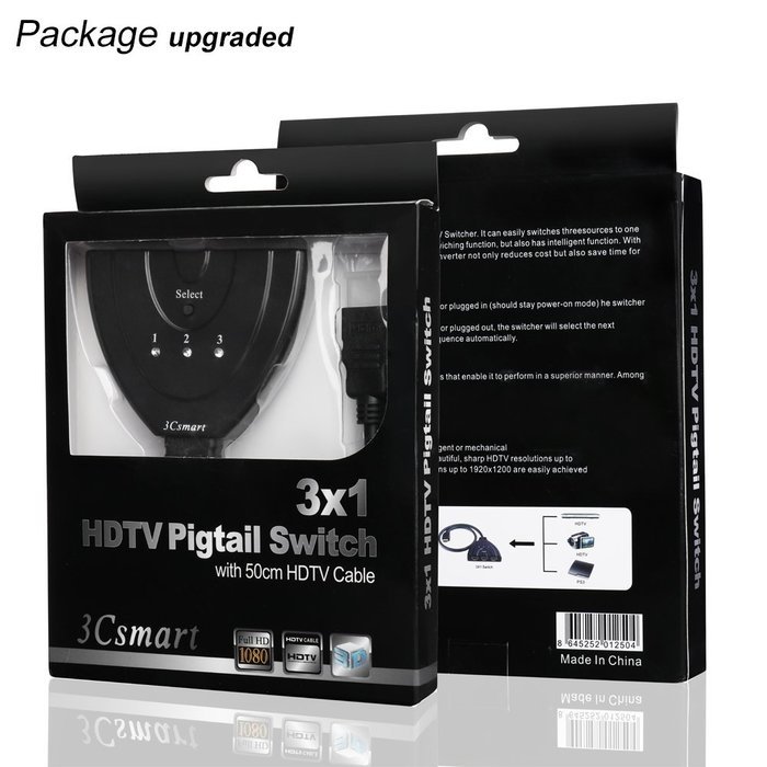 3Csmart 3 Port HDMI Switch with Pigtail Cable Supports 3D, 1080P, HD Audio N3