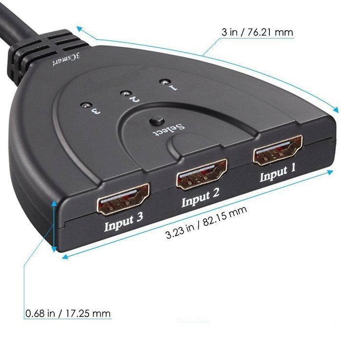 3Csmart 3 Port HDMI Switch with Pigtail Cable Supports 3D, 1080P, HD Audio N4