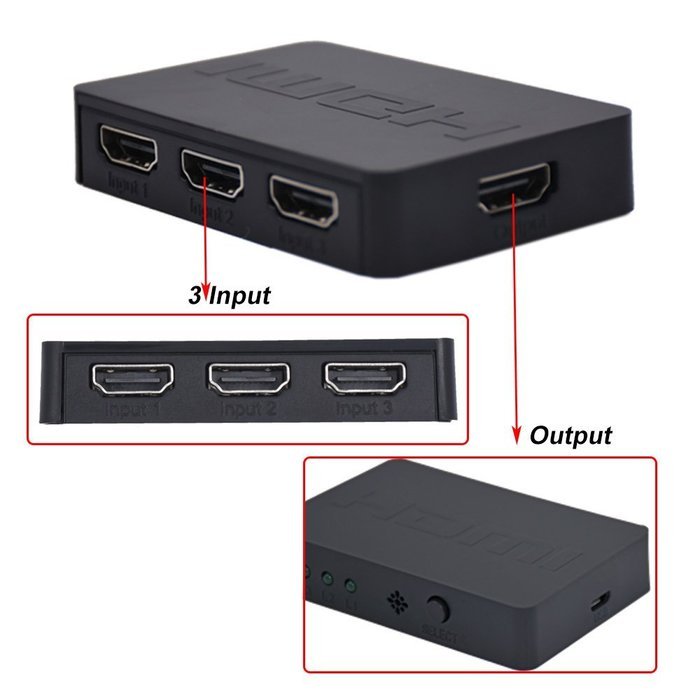 3Csmart 3 Port HDMI Switch with Pigtail Cable Supports 3D, 1080P, HD Audio N12