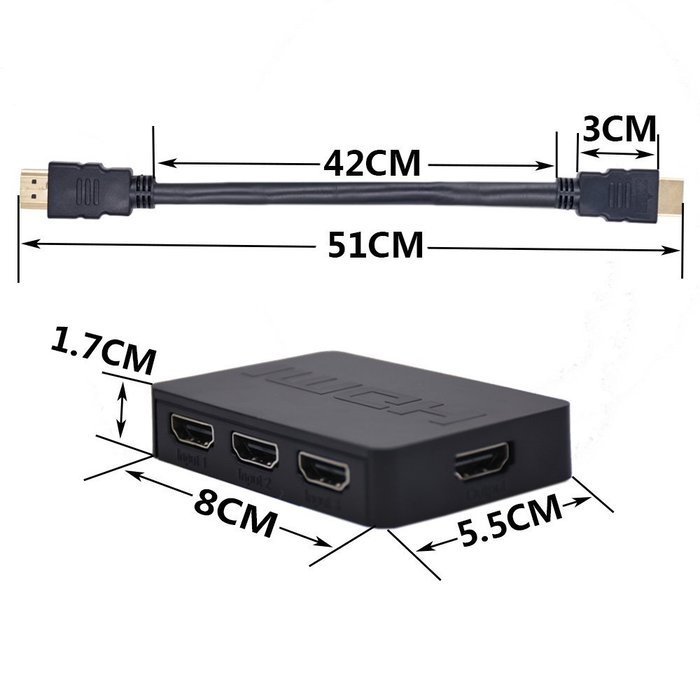3Csmart 3 Port HDMI Switch with Pigtail Cable Supports 3D, 1080P, HD Audio N14