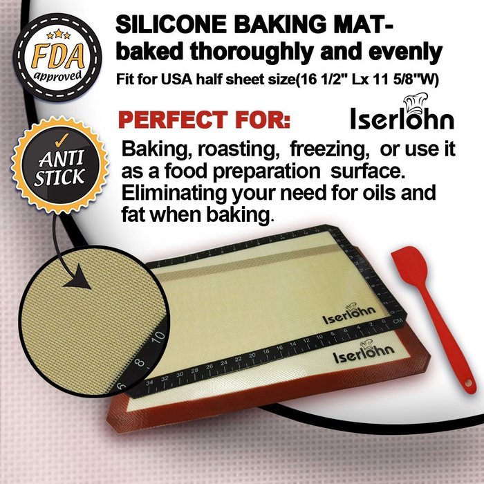 Non-Stick Silicone Baking Mat Set (pack of 2) with Free Heat Resistant Silicone Spatula by Iserlohn, Reusable... N2