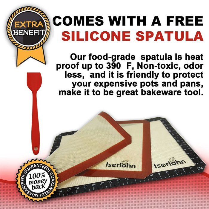 Non-Stick Silicone Baking Mat Set (pack of 2) with Free Heat Resistant Silicone Spatula by Iserlohn, Reusable... N3