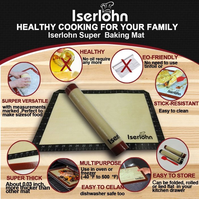 Non-Stick Silicone Baking Mat Set (pack of 2) with Free Heat Resistant Silicone Spatula by Iserlohn, Reusable... N5