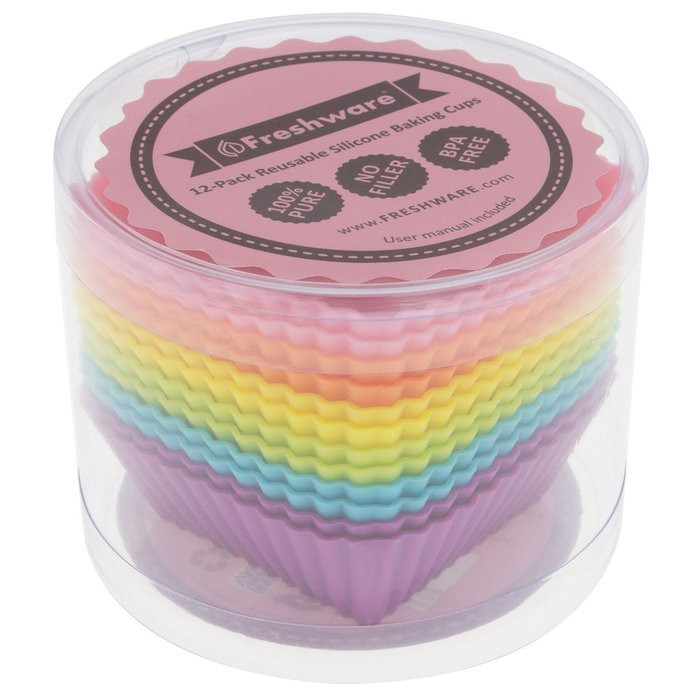 Freshware CB-306SC 12-Pack Silicone Square Reusable Cupcake and Muffin Baking Cup, Six Vibrant Colors N4