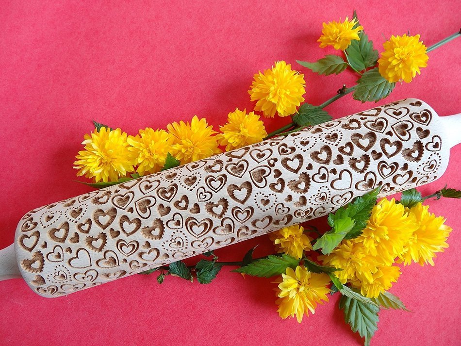 CRAZY HEARTS pattern rolling pin and cookie cutter N2