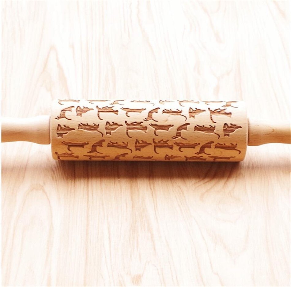 Bopstyle Wooden Laser Engraved Rolling Pin with Cats Pattern for Embossed Cookies (6.10" x 1.97") N3