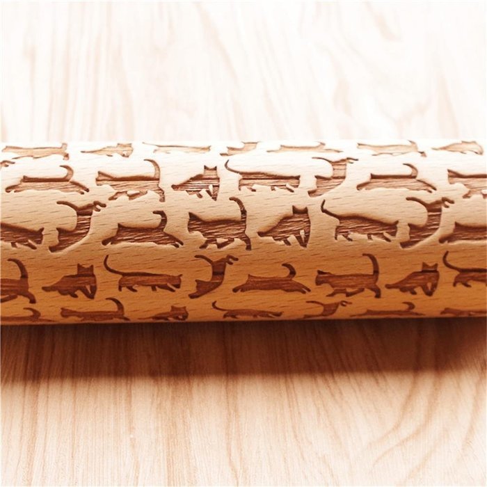 Bopstyle Wooden Laser Engraved Rolling Pin with Cats Pattern for Embossed Cookies (6.10" x 1.97") N4