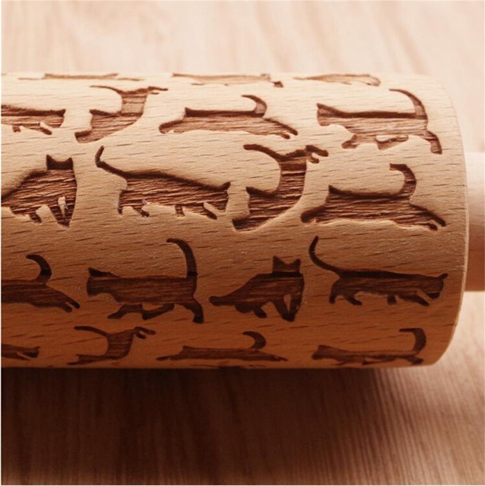 Bopstyle Wooden Laser Engraved Rolling Pin with Cats Pattern for Embossed Cookies (6.10" x 1.97") N5