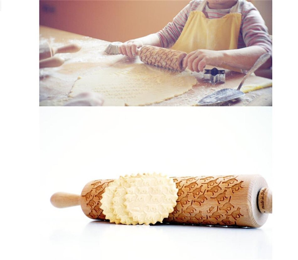 Bopstyle Wooden Laser Engraved Rolling Pin with Cats Pattern for Embossed Cookies (6.10" x 1.97") N7