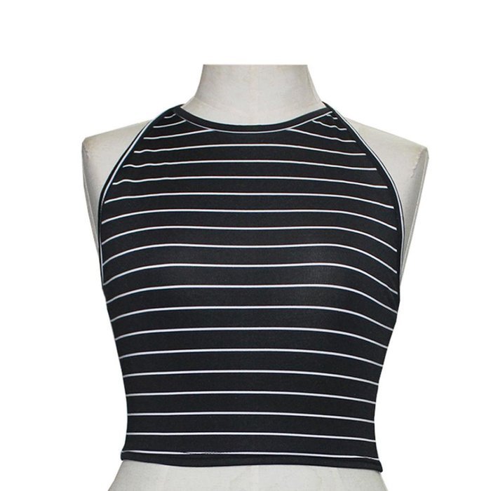 AIMTOPPY Women Sexy Stripe Printed Sleeveless Halterneck Tank Crop Tops Vest Blouse (M, Black) N2