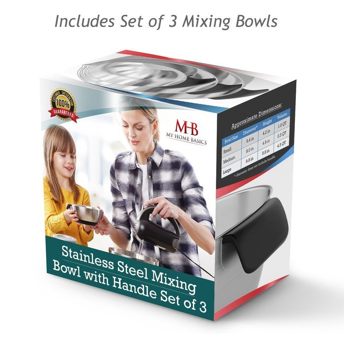 Stainless Steel Mixing Bowls for Kitchen, Cooking and Baking. 1QT, 2.5QT, 4.5QT, Black Handle & Spout, Free Ebook N2