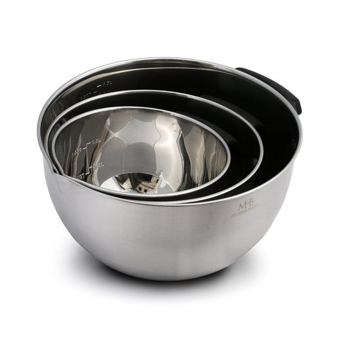 Stainless Steel Mixing Bowls for Kitchen, Cooking and Baking. 1QT, 2.5QT, 4.5QT, Black Handle & Spout, Free Ebook N6