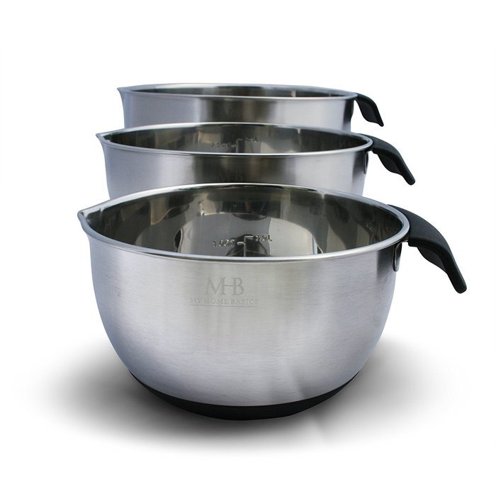 Stainless Steel Mixing Bowls for Kitchen, Cooking and Baking. 1QT, 2.5QT, 4.5QT, Black Handle & Spout, Free Ebook N7