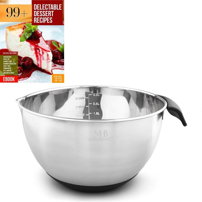 Stainless Steel Mixing Bowls for Kitchen, Cooking and Baking. 1QT, 2.5QT, 4.5QT, Black Handle & Spout, Free Ebook N9