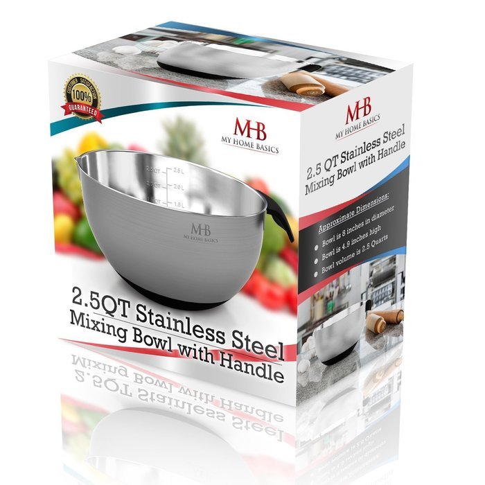 Stainless Steel Mixing Bowls for Kitchen, Cooking and Baking. 1QT, 2.5QT, 4.5QT, Black Handle & Spout, Free Ebook N10
