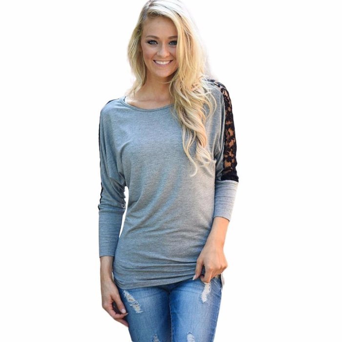 AIMTOPPY Women Lace Stitching Three-Quarter Sleeve Round Neck Tops Shirt Blouse (L, Gray)