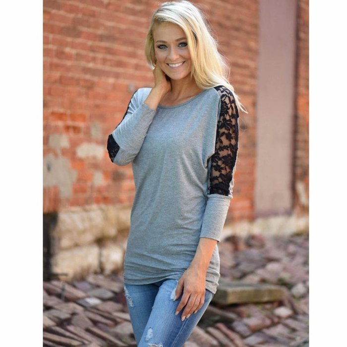 AIMTOPPY Women Lace Stitching Three-Quarter Sleeve Round Neck Tops Shirt Blouse (L, Gray) N3