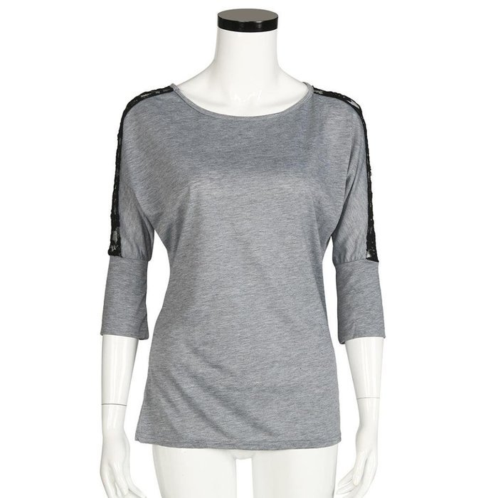 AIMTOPPY Women Lace Stitching Three-Quarter Sleeve Round Neck Tops Shirt Blouse (L, Gray) N5