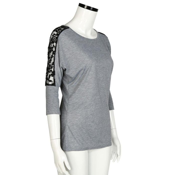 AIMTOPPY Women Lace Stitching Three-Quarter Sleeve Round Neck Tops Shirt Blouse (L, Gray) N6