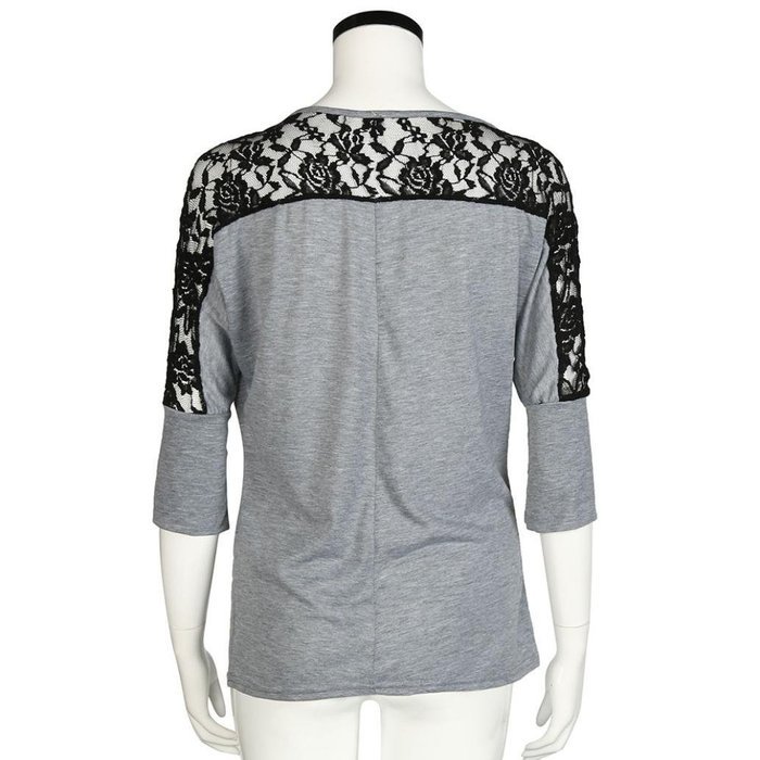 AIMTOPPY Women Lace Stitching Three-Quarter Sleeve Round Neck Tops Shirt Blouse (L, Gray) N7