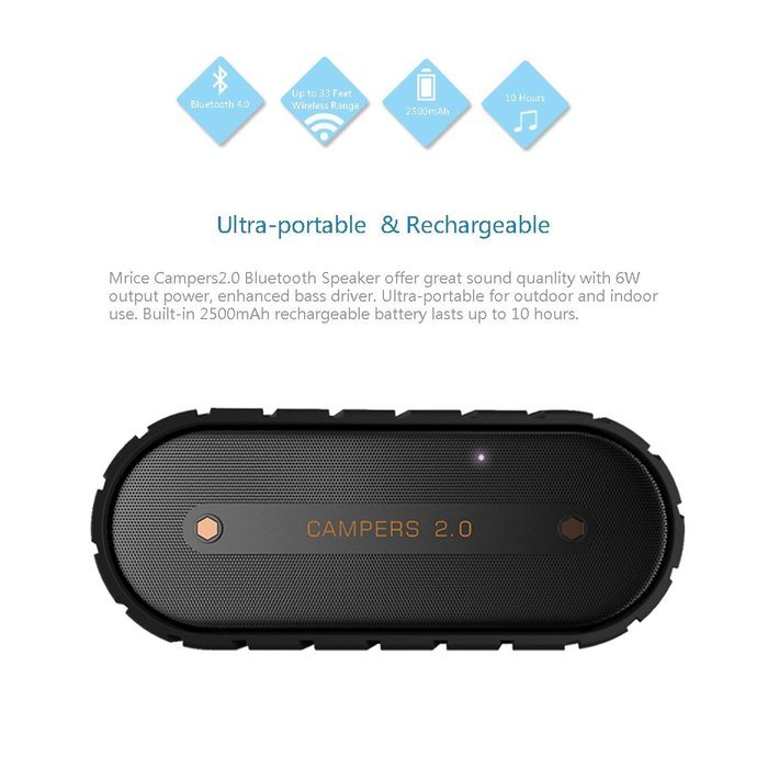 Mrice Campers 2.0 Bluetooth Wireless Waterproof Speaker with Microphone, 6W output (Black) N4