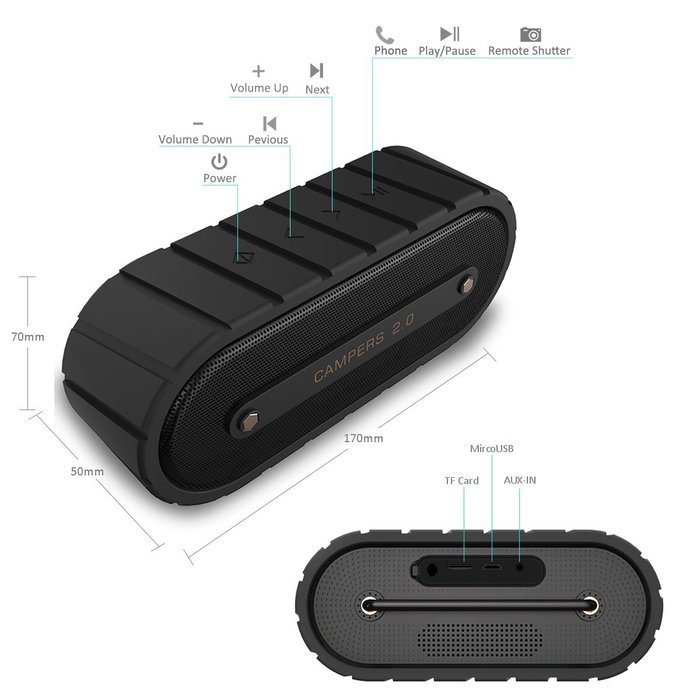 Mrice Campers 2.0 Bluetooth Wireless Waterproof Speaker with Microphone, 6W output (Black) N5