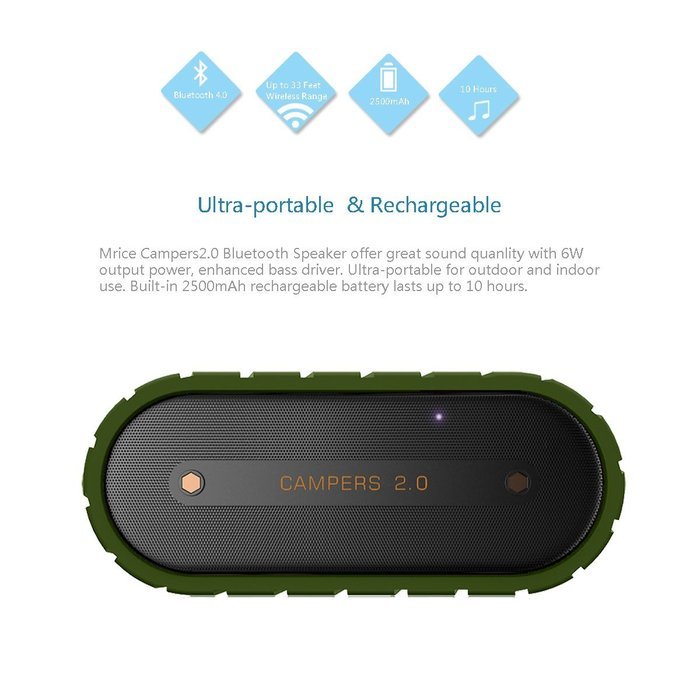 Mrice Campers 2.0 Bluetooth Wireless Waterproof Speaker with Microphone, 6W output (Black) N11