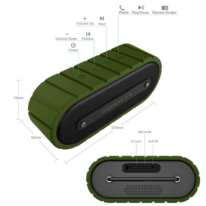 Mrice Campers 2.0 Bluetooth Wireless Waterproof Speaker with Microphone, 6W output (Black) N12
