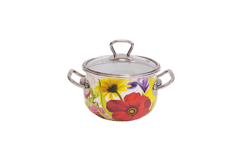 Europeware K15025/16 2.2 quart Decorative Enamel Casserole Pan, Small, White