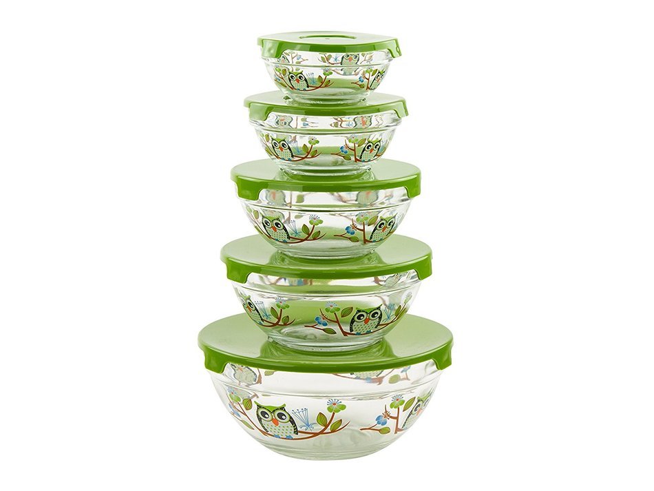 5 Pc Nesting Glass Bowls - Multi Purpose Travel Food Containers - Lunch Bowl w/ Lids & Owl Design
