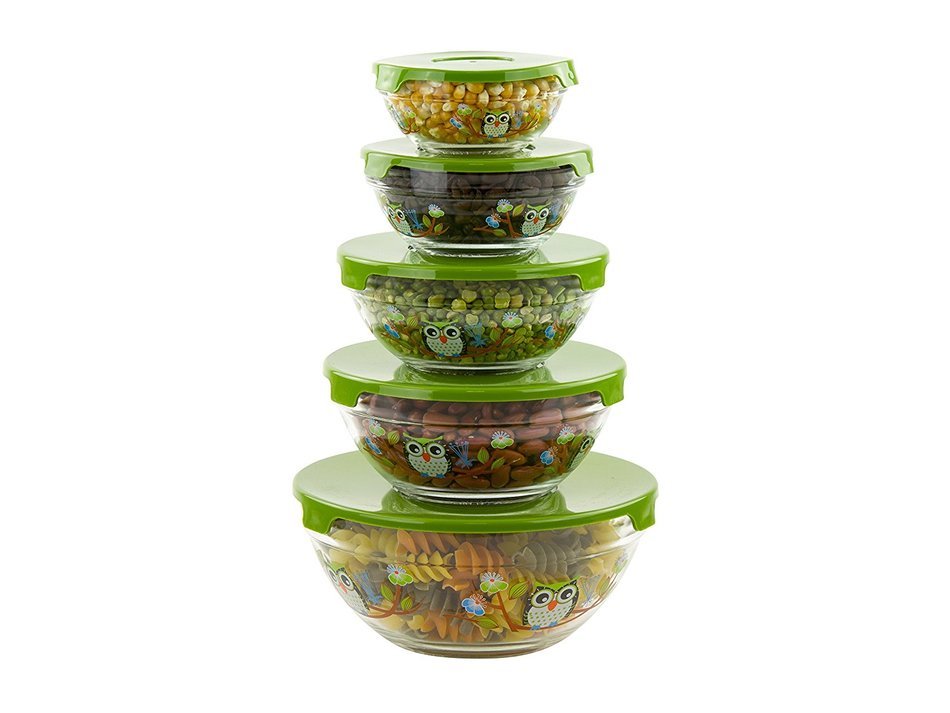 5 Pc Nesting Glass Bowls - Multi Purpose Travel Food Containers - Lunch Bowl w/ Lids & Owl Design N2