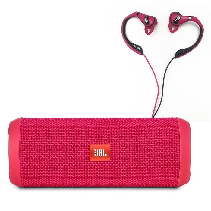 JBL Flip 3 Portable Wireless Bluetooth Speaker (Pink) and Polk Audio UltraFit 500 Mid-Flange Earphones (Pink/Gray)