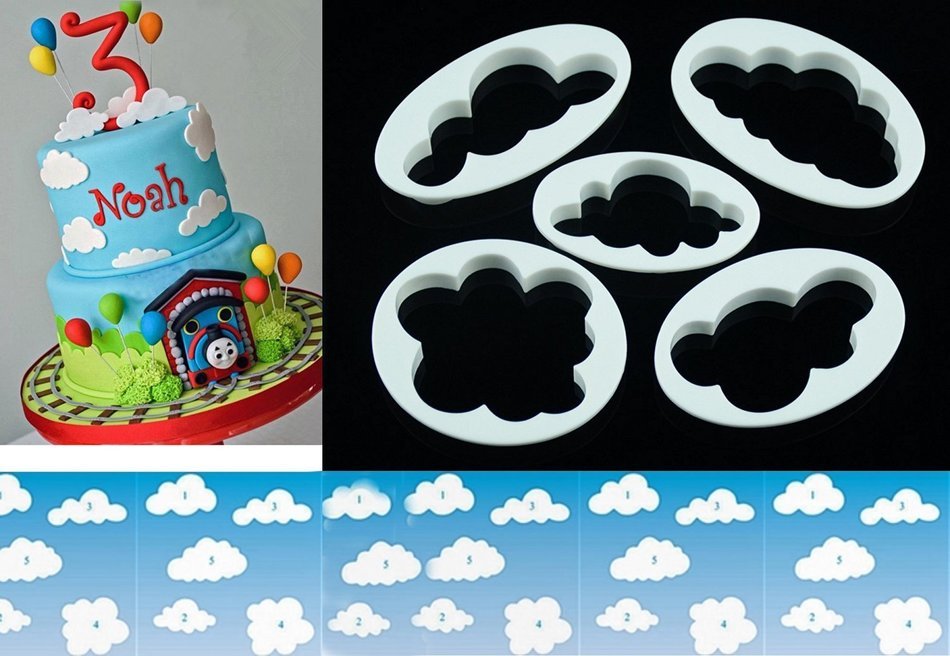 LOKMAN Set of 5 Fluffy Cloud Cutter, Cake Mold Fondant, Sugar Craft, Cookie Plunger Cutter, Mold Decorating Tools