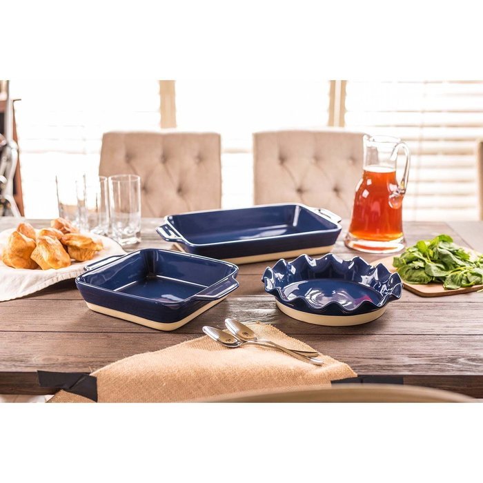 3 Piece Blue Ceramic Bakeware Set - Square Baker, Scalloped Pie Plate, Rectangle Baker Oven to Table