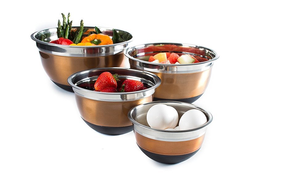 4 Pc Copper Brushed Mixing Bowl Set w/ Silicone Nonskid Base - Stainless Steel Flat Base Serving Bowl or Prep... N4