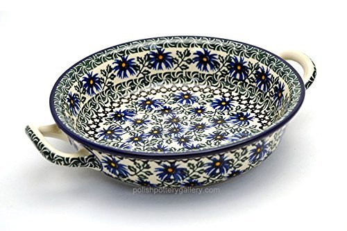 Polish Pottery Baker - Round with Handles - Medium - Blue Chicory