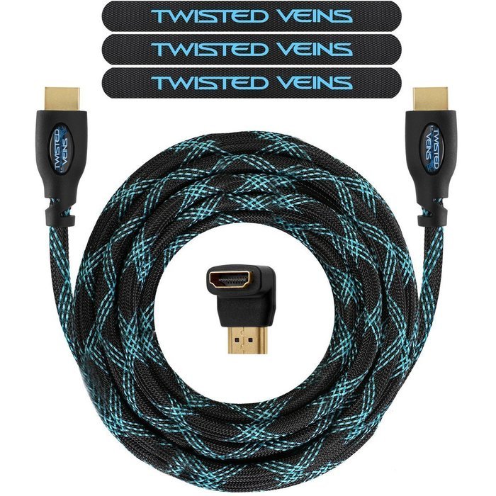 Twisted Veins (25 ft) High Speed HDMI Cable + Right Angle Adapter and Velcro Cable Ties (Latest Version Supports...