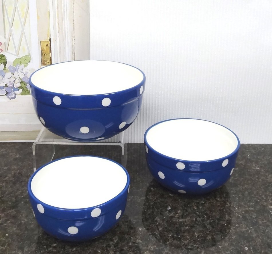 Set of 3 POLKA DOTS Blue Ceramic Mixing Bowls, 82169MIX By ACK N2