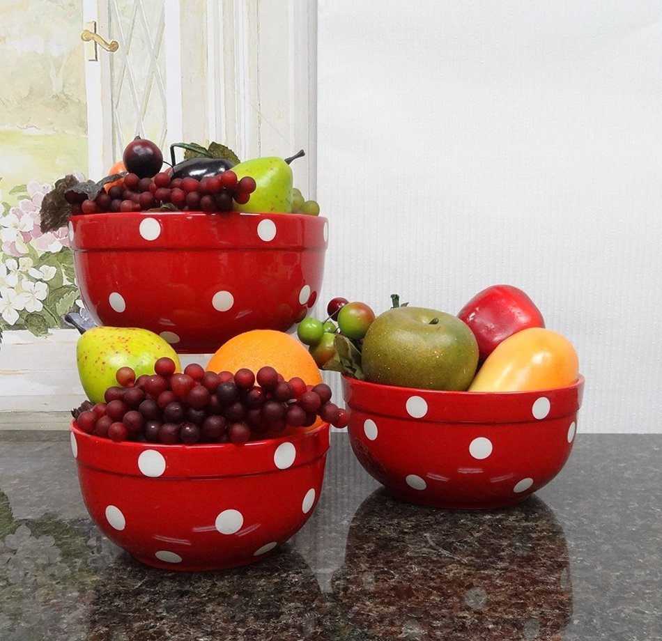 Set of 3 POLKA DOTS Blue Ceramic Mixing Bowls, 82169MIX By ACK N4