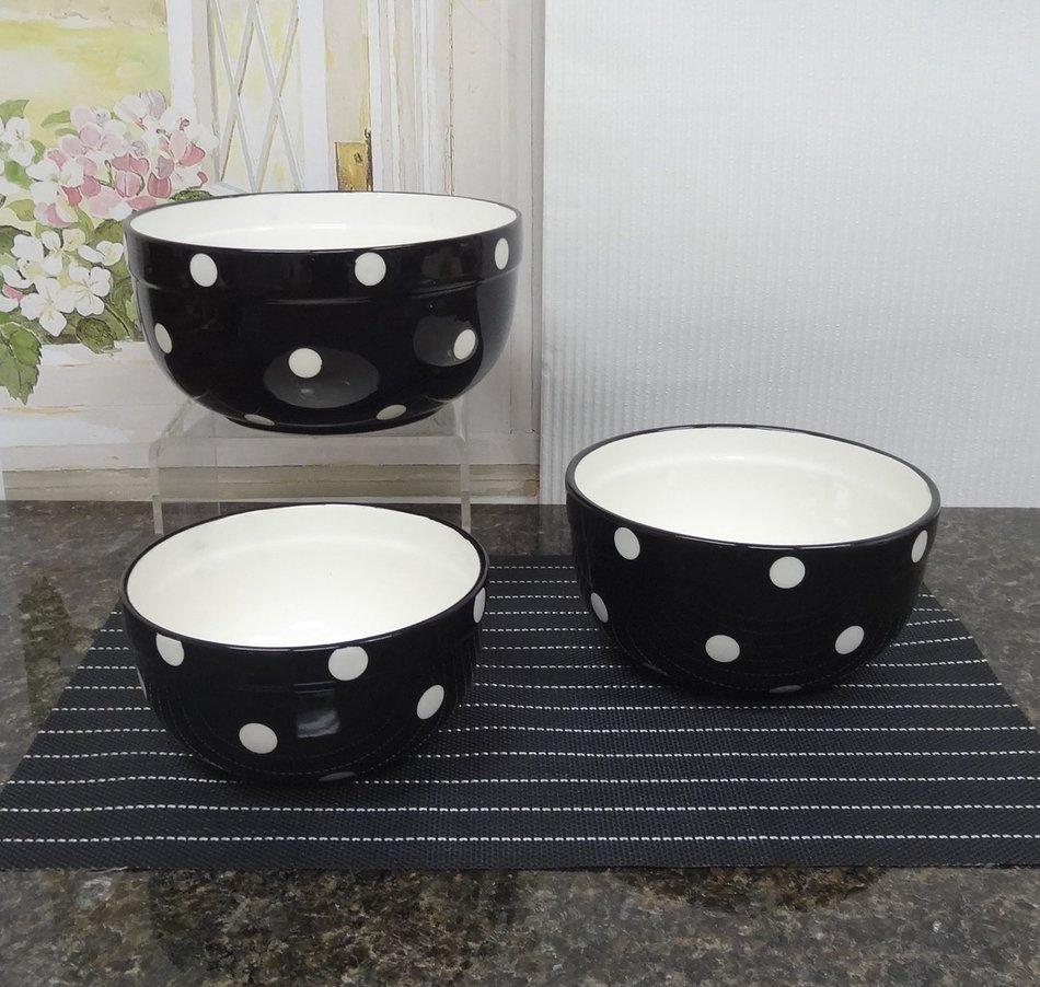 Set of 3 POLKA DOTS Blue Ceramic Mixing Bowls, 82169MIX By ACK N12