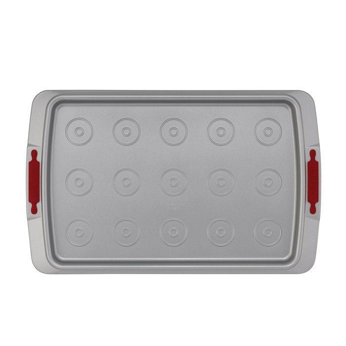 Cake Boss Deluxe Nonstick Bakeware 11-Inch by 17-Inch Cookie Pan with Drop Zones, Gray with Red Silicone Grips N2