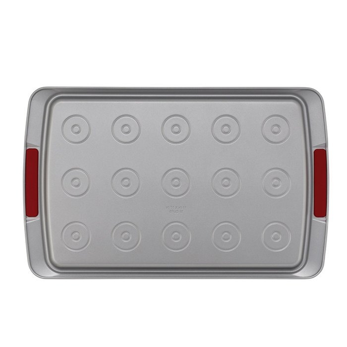 Cake Boss Deluxe Nonstick Bakeware 11-Inch by 17-Inch Cookie Pan with Drop Zones, Gray with Red Silicone Grips N3