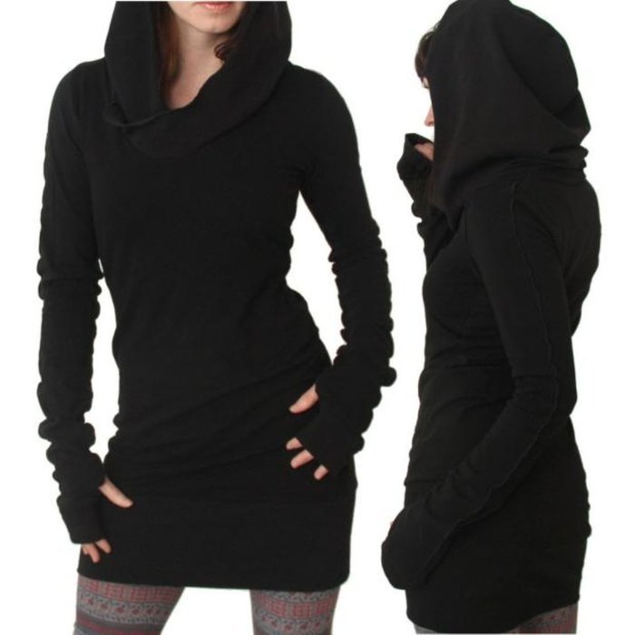 AIMTOPPY Women Autumn Long Sleeve Pure Color Hooded Hoodies Slim Fit Coat Skirt (XL, Black)