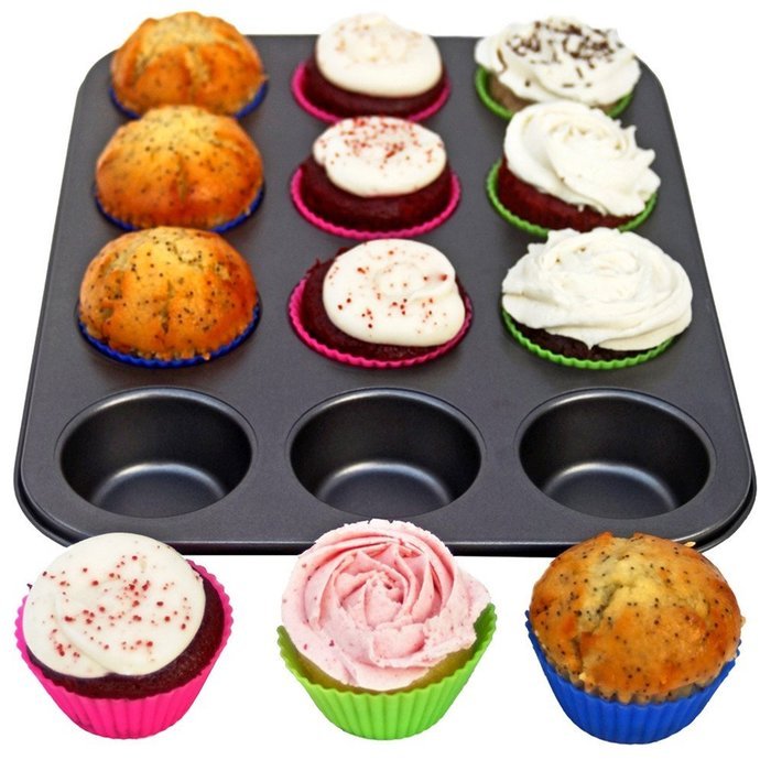 Phifo Nonstick Muffin Pan 12 Cup + 12 Removable Silicone Cupcake Holders. Premium Cupcake Pan + Cupcake Baking... N4