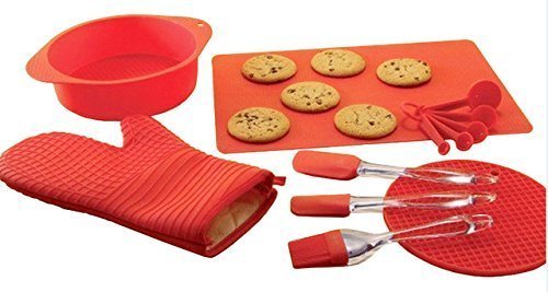 Kitchen Colllection Red Silicone Bakeware Set of 12 with Spatula Basting Brush Oven Mitt Round Cake Pan Measuring...