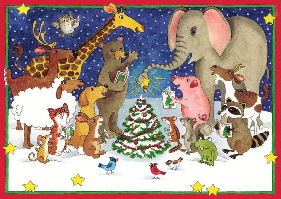 Entertaining with Caspari Caroling Animals Around The Tree Christmas Cards (Box of 16)