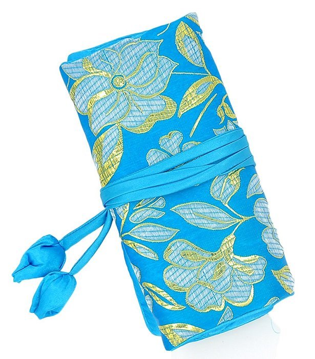 iSuperb&reg; Travel Jewelry Roll Silk Embroidery Brocade Elegant and Bold Travel Jewelry Case (Blue with Gold Leaves)
