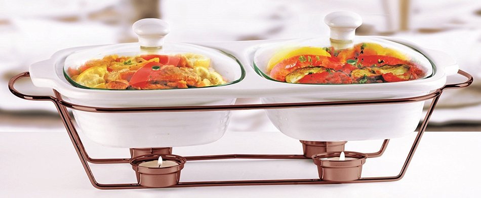Circleware Ceramic Chafer Double Buffet Server/warmer/baker Serving Tray with Glass Lid and Copper Plated Serving...